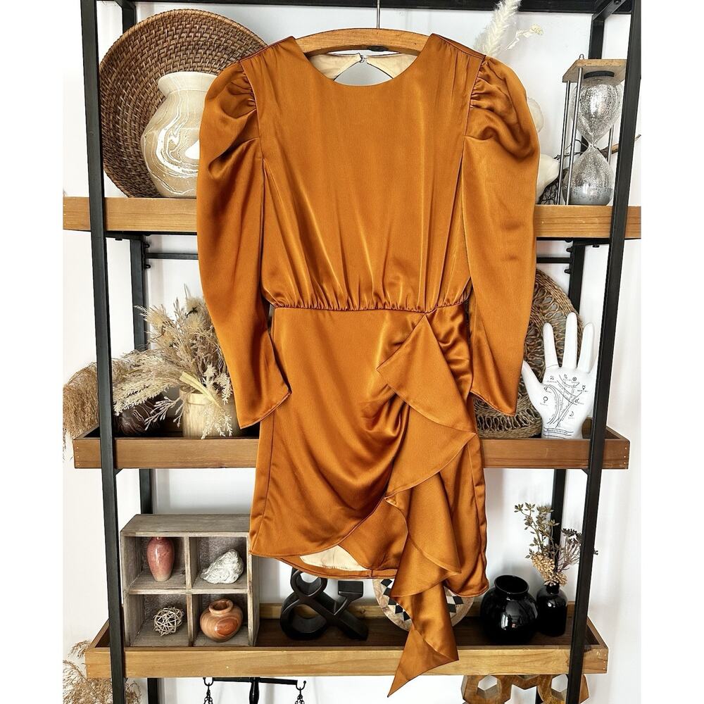 NBD Pandora Dress Silky Long Sleeve Backless Rust Mini Size Small